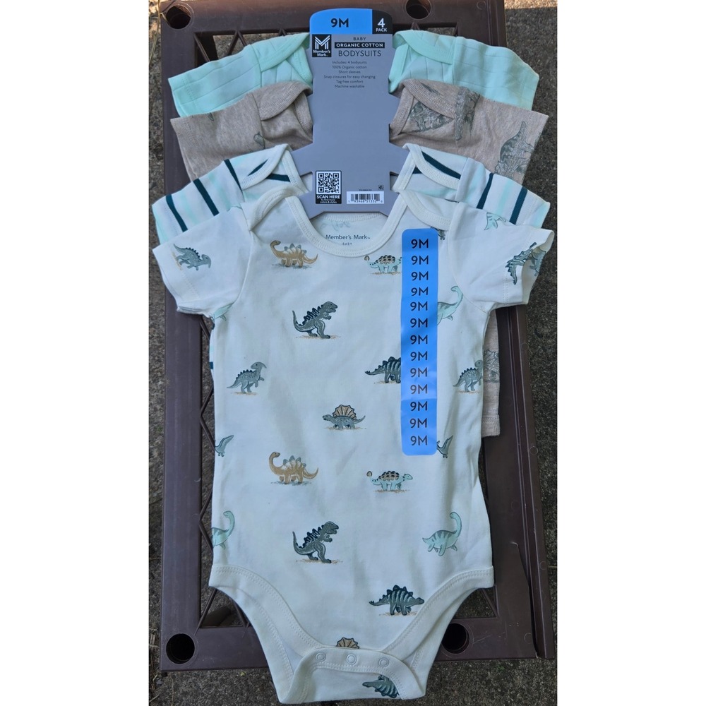 NWT Members Mark Baby Organic Cotton Bodysuits 4 Pack Dinosaur Mint Tan 9M